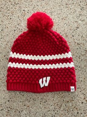 '47 Red Pom Beanie with White Stripes and Wisconsin Logo - Adult O/S